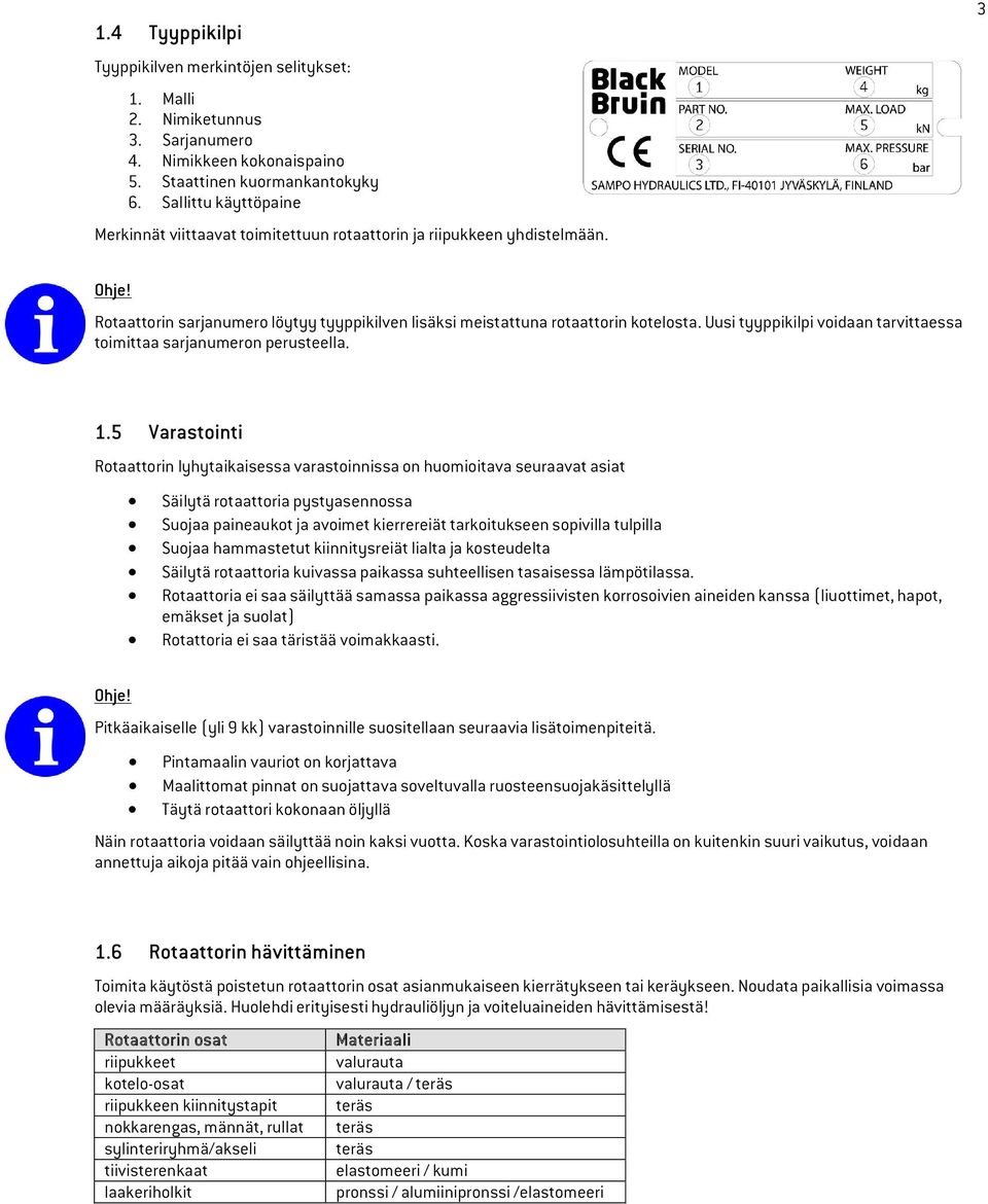 Uusi tyyppikilpi voidaan tarvittaessa toimittaa sarjanumeron perusteella. 1.