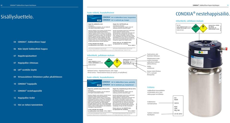 Infoetiketti, säiliökoon mukaan 04 CONOXIA, lääkkeellinen happi Happi (O 2), jäähdytetty neste Inhalaatioon. Vain lääkinnälliseen käyttöön.