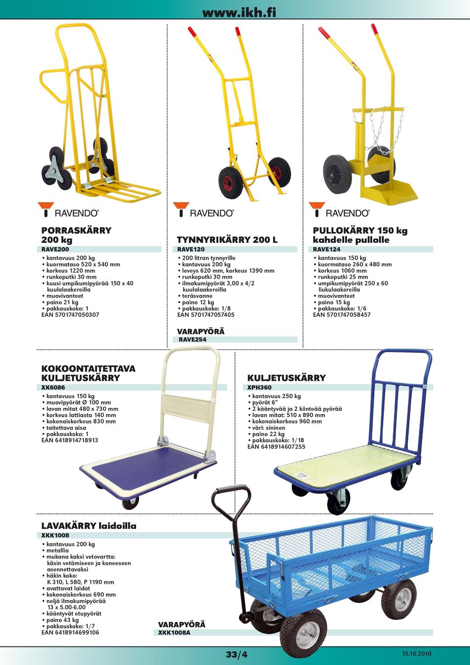 5701747057405 VARAPYÖRÄ RAVE254 PULLOKÄRRY 150 kg kahdelle pullolle RAVE124 kantavuus 150 kg kuormataso 260 x 480 mm korkeus 1060 mm runkoputki 25 mm umpikumipyörät 250 x 60 liukulaakereilla