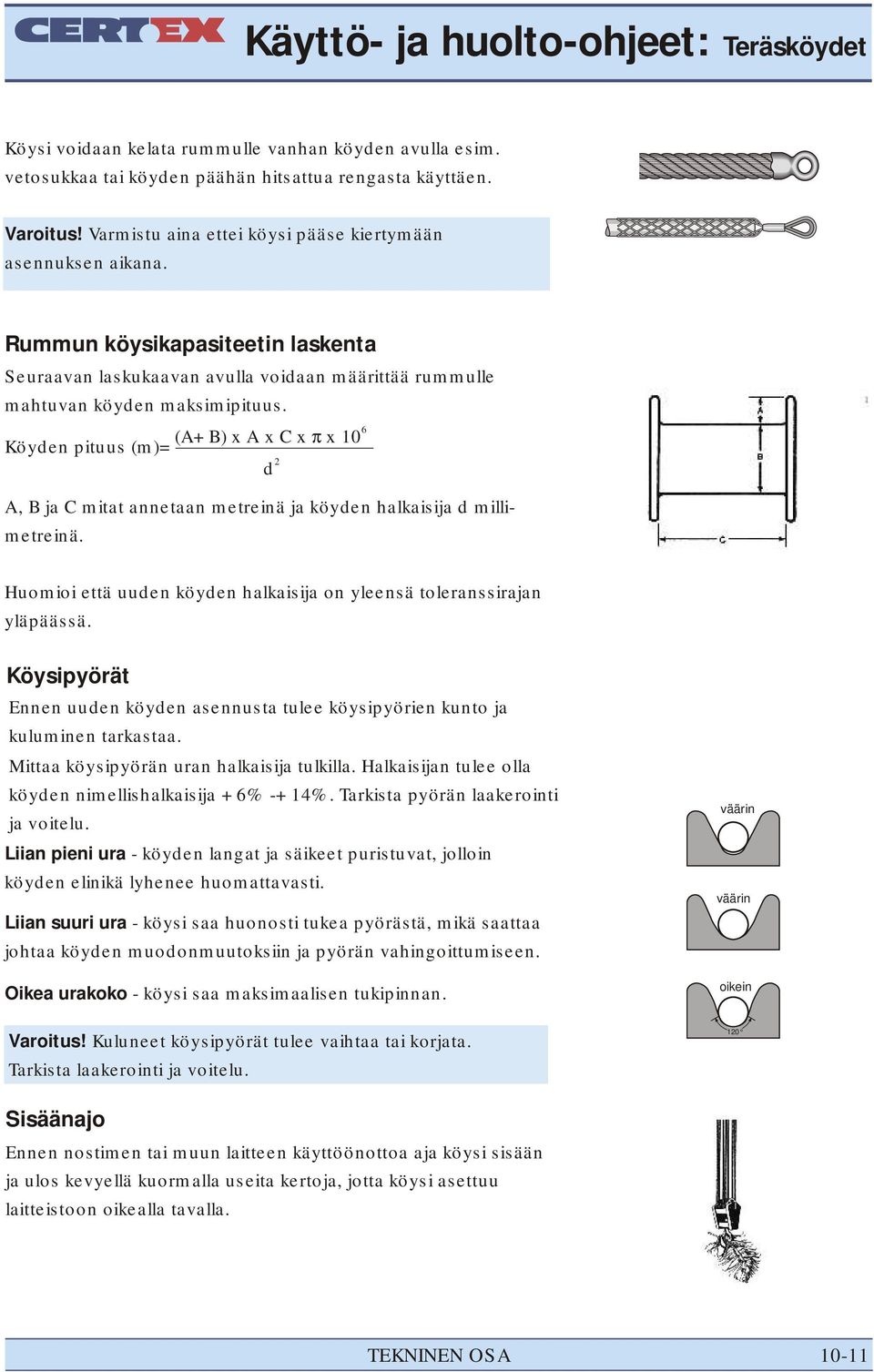 (A+B) x A x C x π x 10 Köyden pituus (m)= A, B ja C mitat annetaan metreinä ja köyden halkaisija d millimetreinä. 2 d 6 Huomioi että uuden köyden halkaisija on yleensä toleranssirajan yläpäässä.