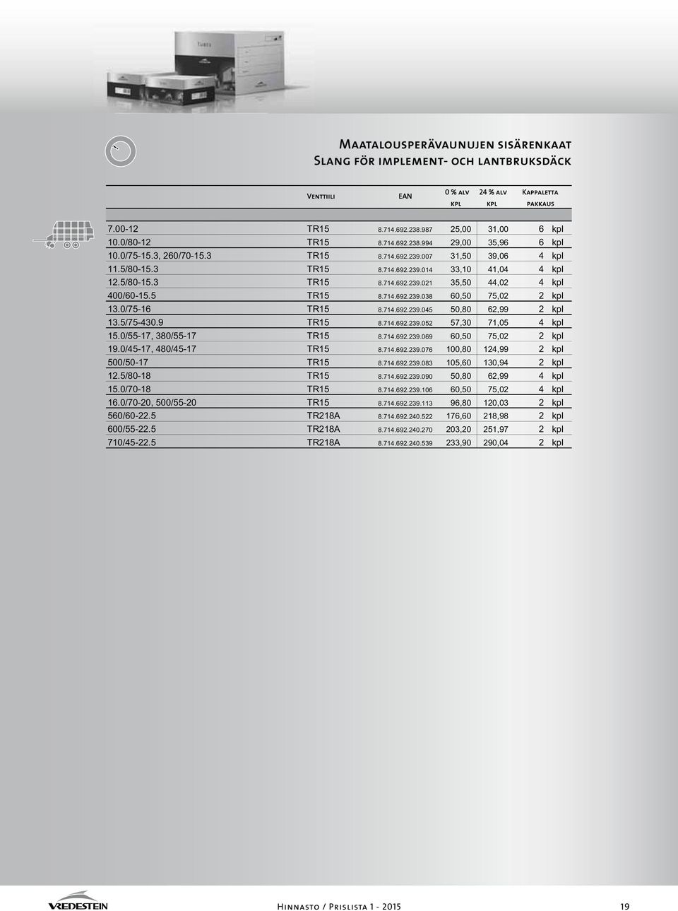 5 TR15 8.714.692.239.038 60,50 75,02 2 kpl 13.0/75-16 TR15 8.714.692.239.045 50,80 62,99 2 kpl 13.5/75-430.9 TR15 8.714.692.239.052 57,30 71,05 4 kpl 15.0/55-17, 380/55-17 TR15 8.714.692.239.069 60,50 75,02 2 kpl 19.