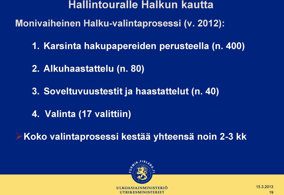 Alkuhaastattelu (n. 80) 3. Soveltuvuustestit ja haastattelut (n.