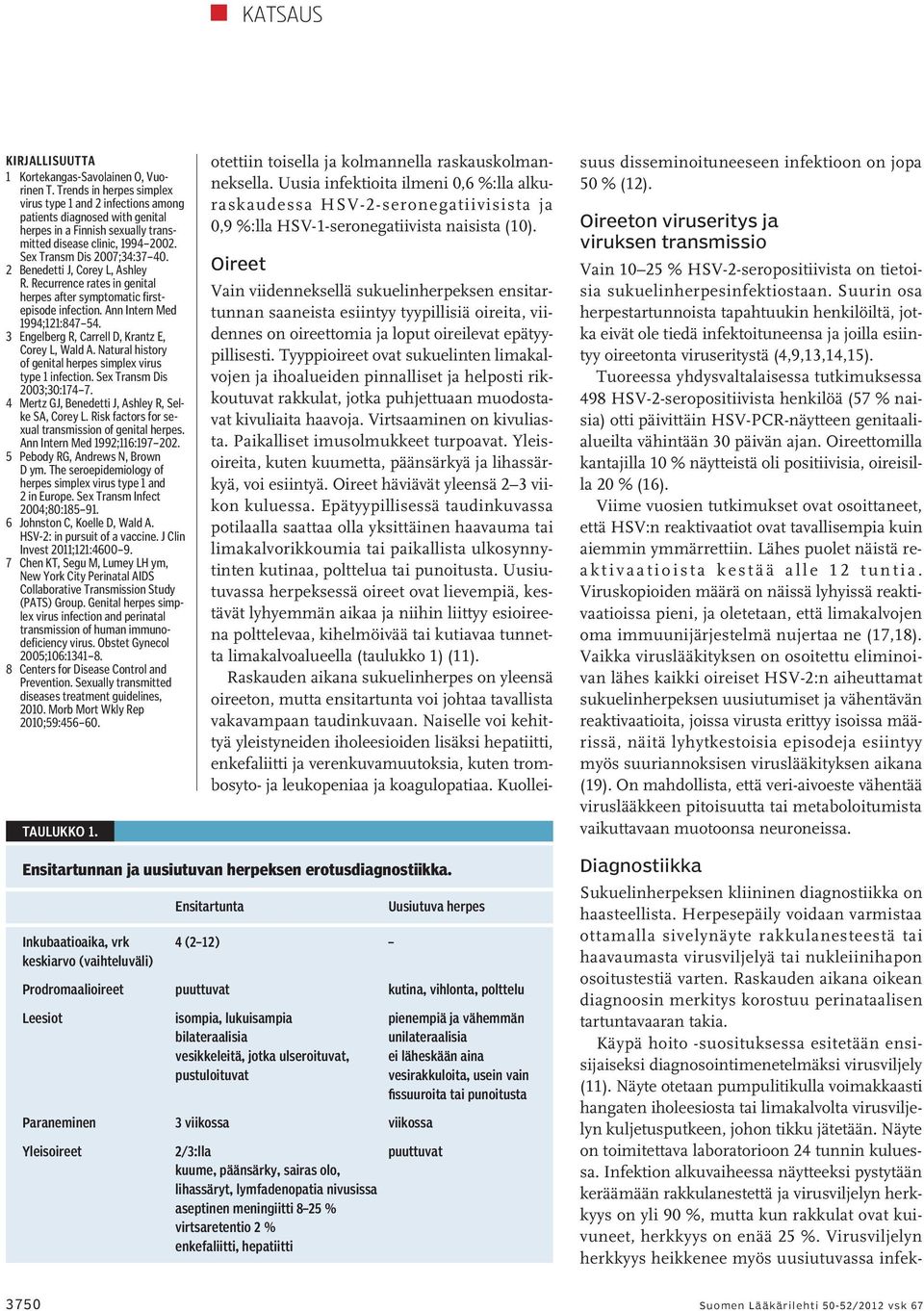 2 Benedetti J, Corey L, Ashley R. Recurrence rates in genital herpes after symptomatic firstepisode infection. Ann Intern Med 1994;121:847 54. 3 Engelberg R, Carrell D, Krantz E, Corey L, Wald A.