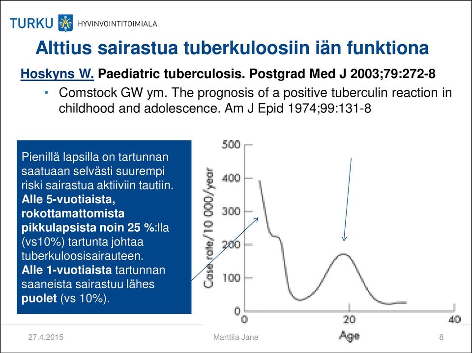 Am J Epid 1974;99:131-8 Pienillä lapsilla on tartunnan saatuaan selvästi suurempi riski sairastua aktiiviin tautiin.