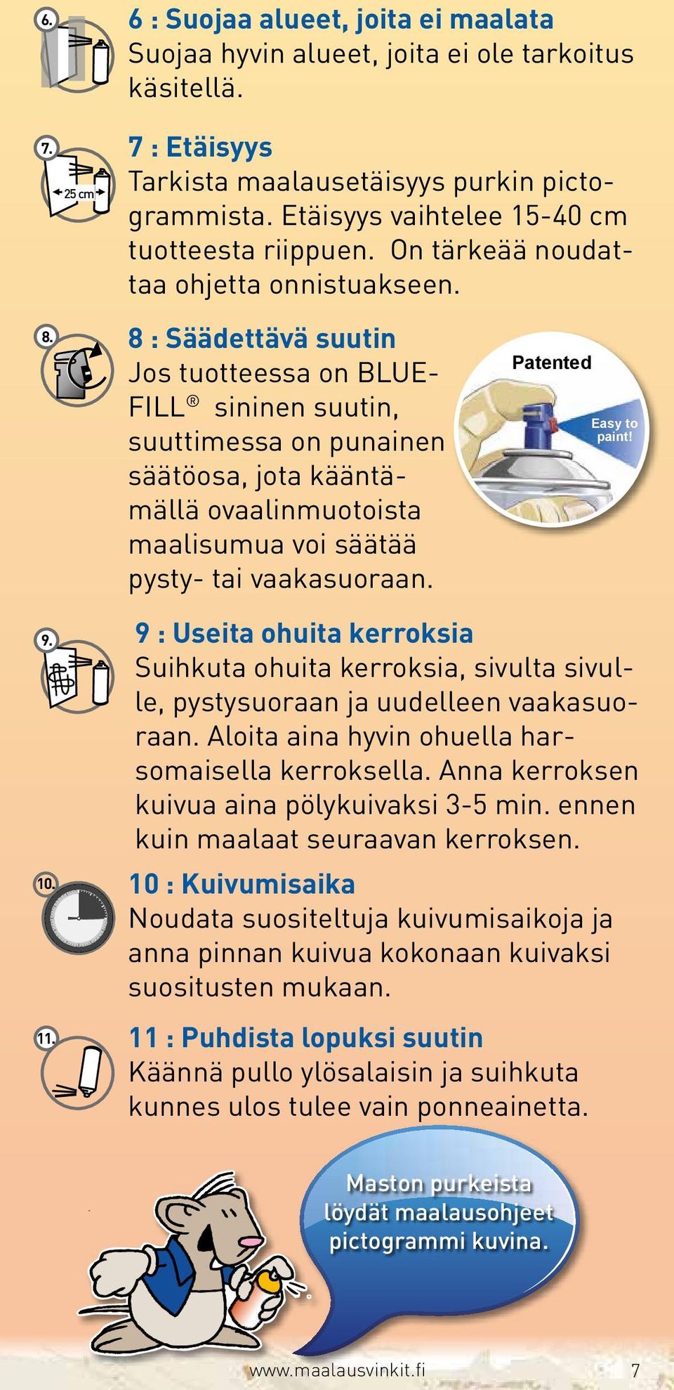 8 : Säädettävä suutin Jos tuotteessa on BLUE- FILL sininen suutin, suuttimessa on punainen säätöosa, jota kääntämällä ovaalinmuotoista maalisumua voi säätää pysty- tai vaakasuoraan.