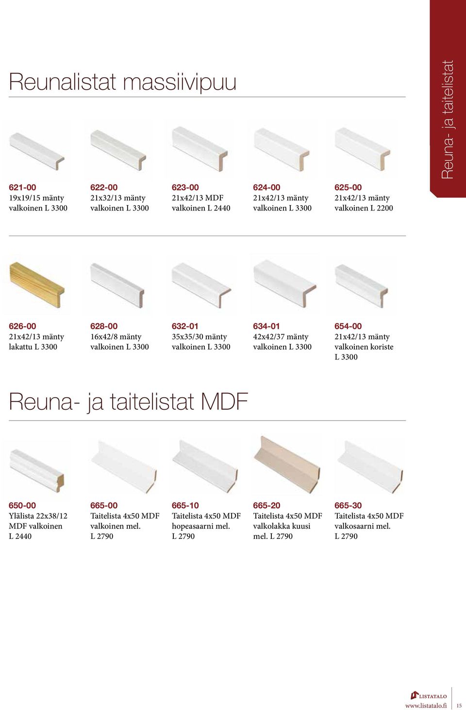 21x42/13 mänty koriste Reuna- ja taitelistat MDF 650-00 Ylälista 22x38/12 MDF L 2440 665-00 Taitelista 4x50 MDF mel.