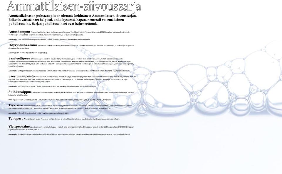 9.Sisältää: anionisia tensidejä, natriummetasilikaattia, 2-(2-butoksietoksi)etanolia. Annostelu: 1-2% pesuainetta lämpimään veteen. Erittäin vaikeissa kohteissa voidaan käyttää sellaisenaan.