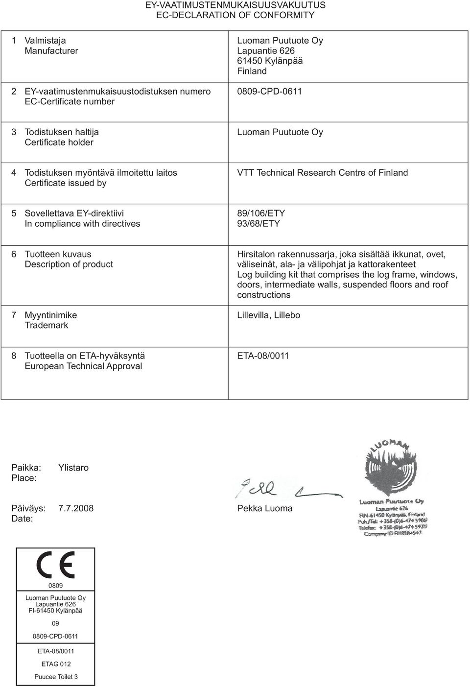 Sovellettava EY-direktiivi In compliance with directives 89/106/ETY 93/68/ETY 6 Tuotteen kuvaus Description of product 7 Myyntinimike Trademark Hirsitalon rakennussarja, joka sisältää ikkunat, ovet,