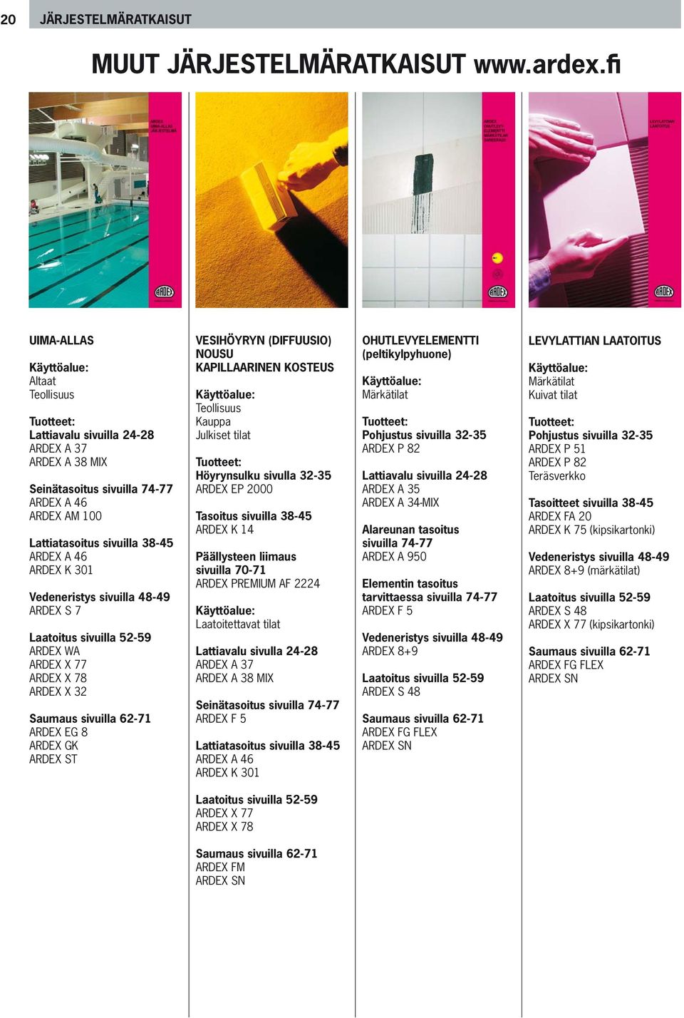 Vedeneristys sivuilla 48-49 ARDEX S 7 Laatoitus sivuilla 52-59 ARDEX WA ARDEX X 77 ARDEX X 78 ARDEX X 32 Saumaus sivuilla 62-71 ARDEX EG 8 ARDEX GK ARDEX ST VESIHÖYRYN (DIFFUUSIO) NOUSU KAPILLAARINEN