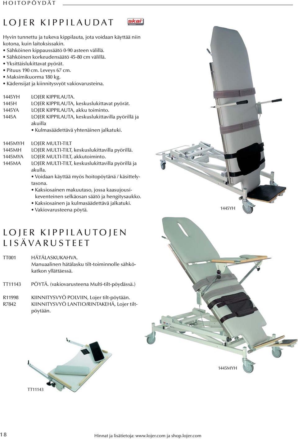 1445YH 1445H 1445YA 1445A 1445MYH 1445MH 1445MYA 1445MA LOJER KIPPILAUTA. LOJER KIPPILAUTA, keskuslukittavat pyörät. LOJER KIPPILAUTA, akku toiminto.