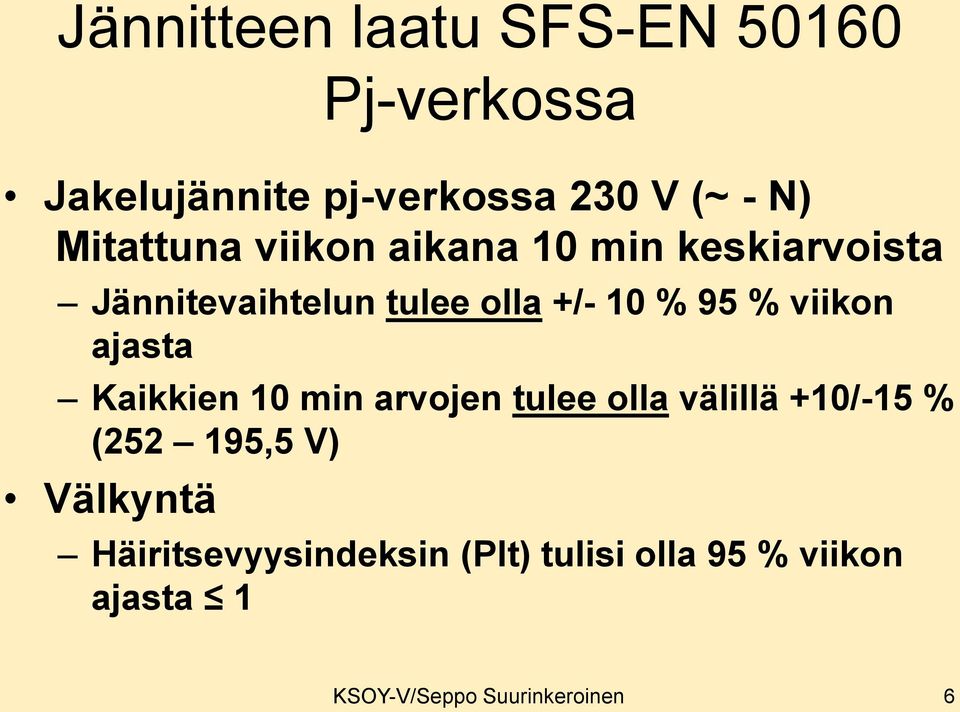 viikon ajasta Kaikkien 10 min arvojen tulee olla välillä +10/-15 % (252 195,5 V)