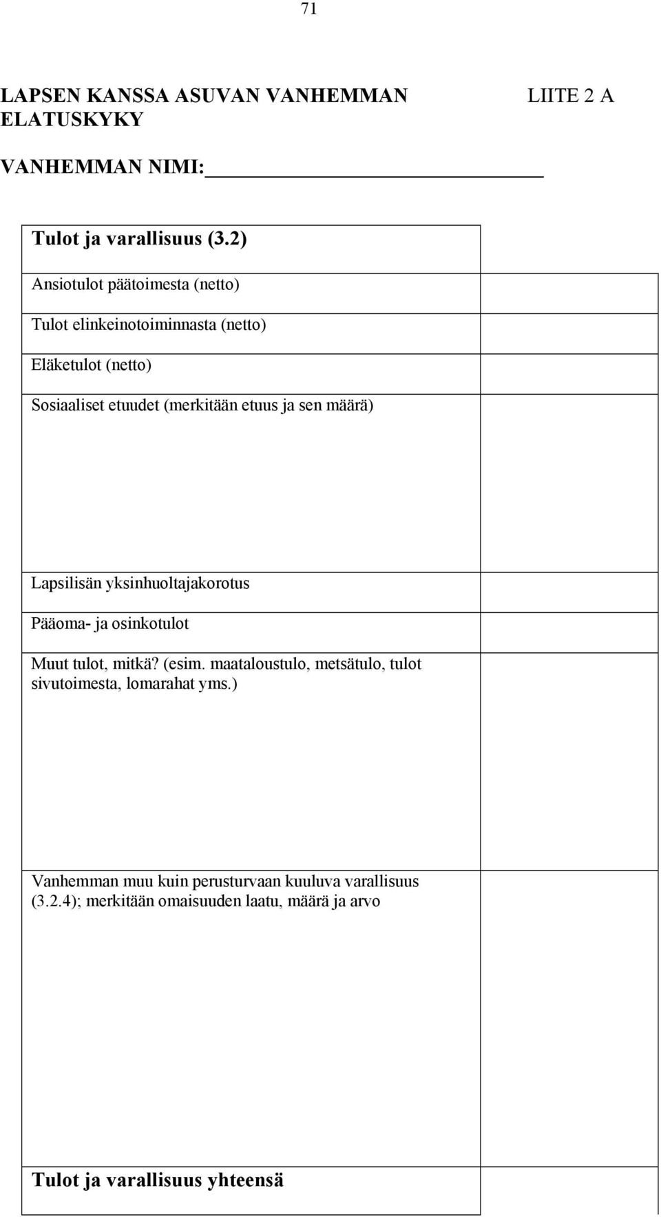 sen määrä) Lapsilisän yksinhuoltajakorotus Pääoma- ja osinkotulot Muut tulot, mitkä? (esim.