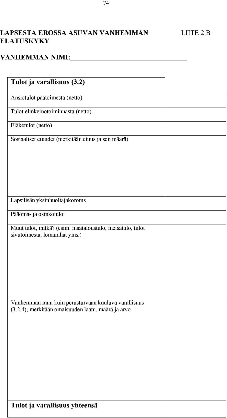 sen määrä) Lapsilisän yksinhuoltajakorotus Pääoma- ja osinkotulot Muut tulot, mitkä? (esim.