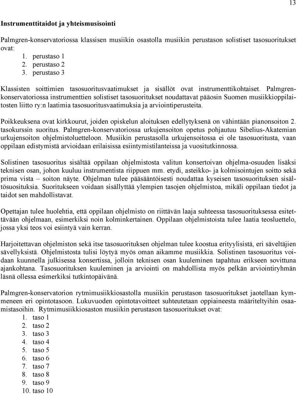 Palmgrenkonservatoriossa instrumenttien solistiset tasosuoritukset noudattavat pääosin Suomen musiikkioppilaitosten liitto ry:n laatimia tasosuoritusvaatimuksia ja arviointiperusteita.