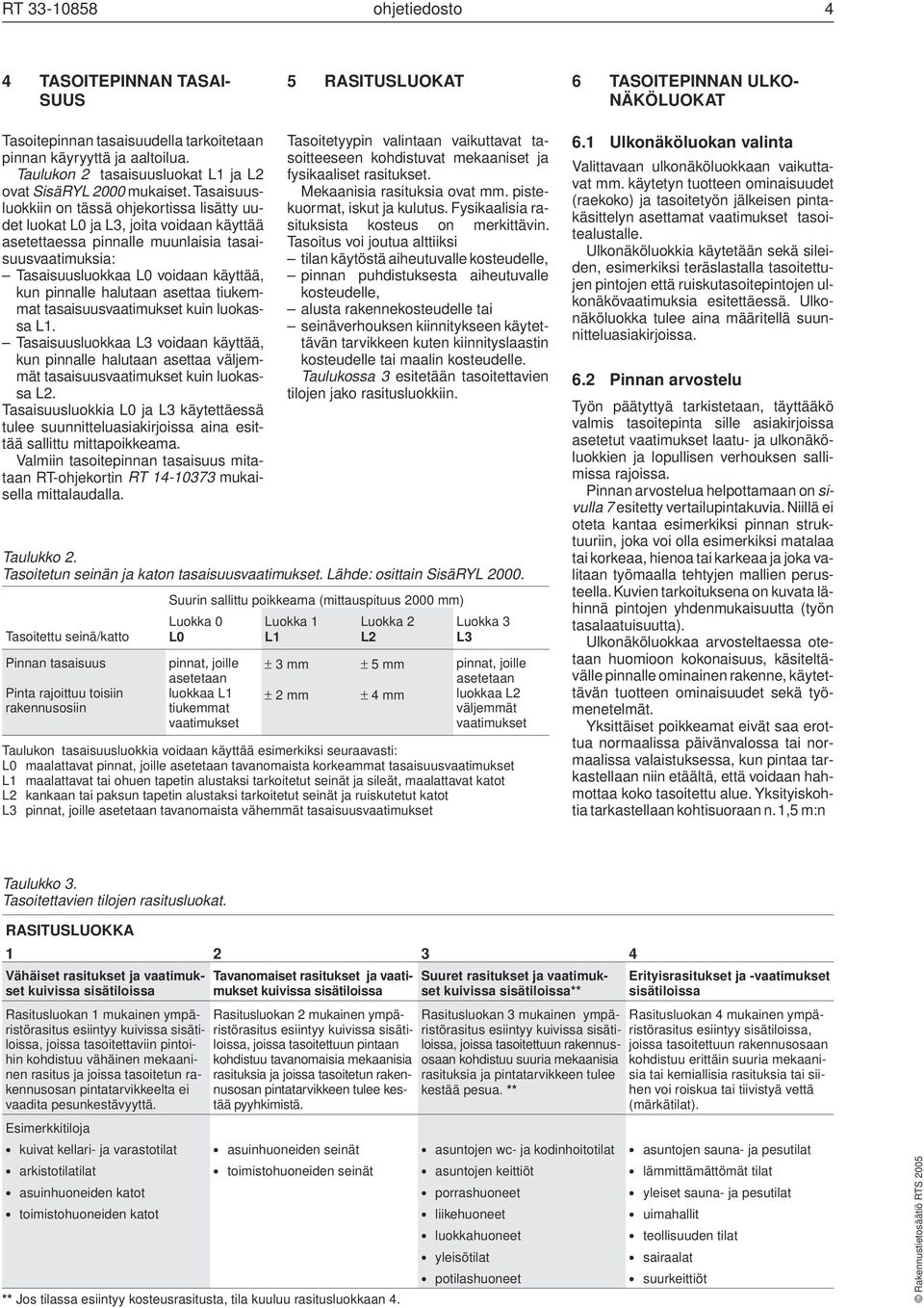 Tasaisuusluokkiin on tässä ohjekortissa lisätty uudet luokat L0 ja L3, joita voidaan käyttää asetettaessa pinnalle muunlaisia tasaisuusvaatimuksia: Tasaisuusluokkaa L0 voidaan käyttää, kun pinnalle