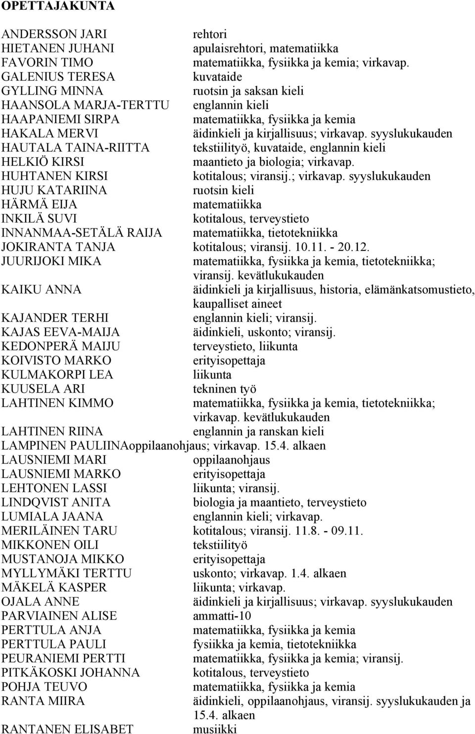 virkavap. syyslukukauden HAUTALA TAINA-RIITTA tekstiilityö, kuvataide, englannin kieli HELKIÖ KIRSI maantieto ja biologia; virkavap.