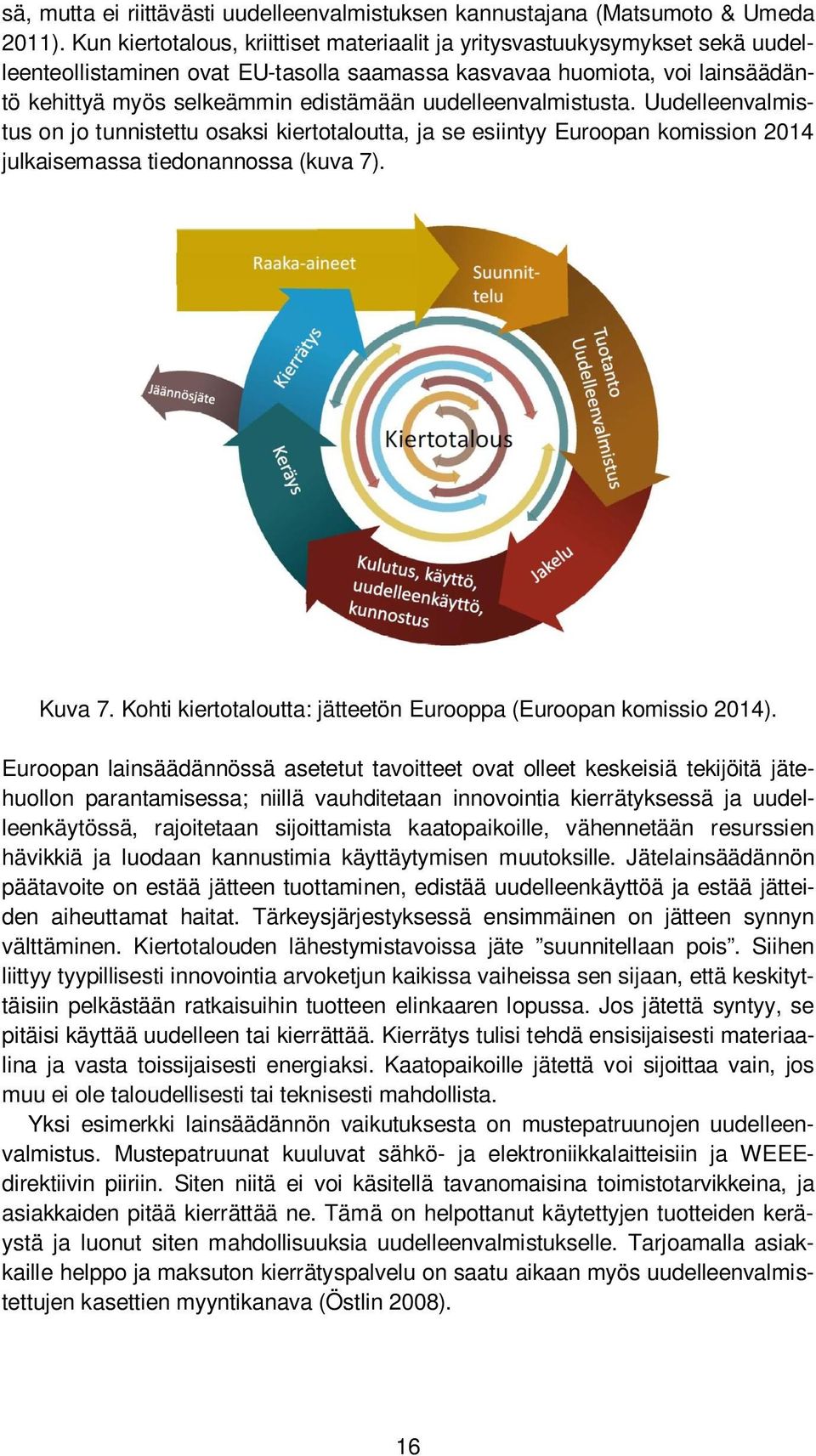 uudelleenvalmistusta. Uudelleenvalmistus on jo tunnistettu osaksi kiertotaloutta, ja se esiintyy Euroopan komission 2014 julkaisemassa tiedonannossa (kuva 7). Kuva 7.