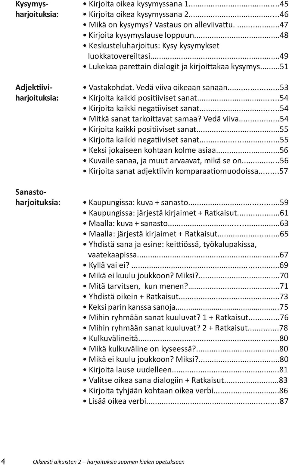 Vedä viiva oikeaan sanaan...53 Kirjoita kaikki positiiviset sanat...54 Kirjoita kaikki negatiiviset sanat...54 Mitkä sanat tarkoittavat samaa? Vedä viiva...54 Kirjoita kaikki positiiviset sanat.