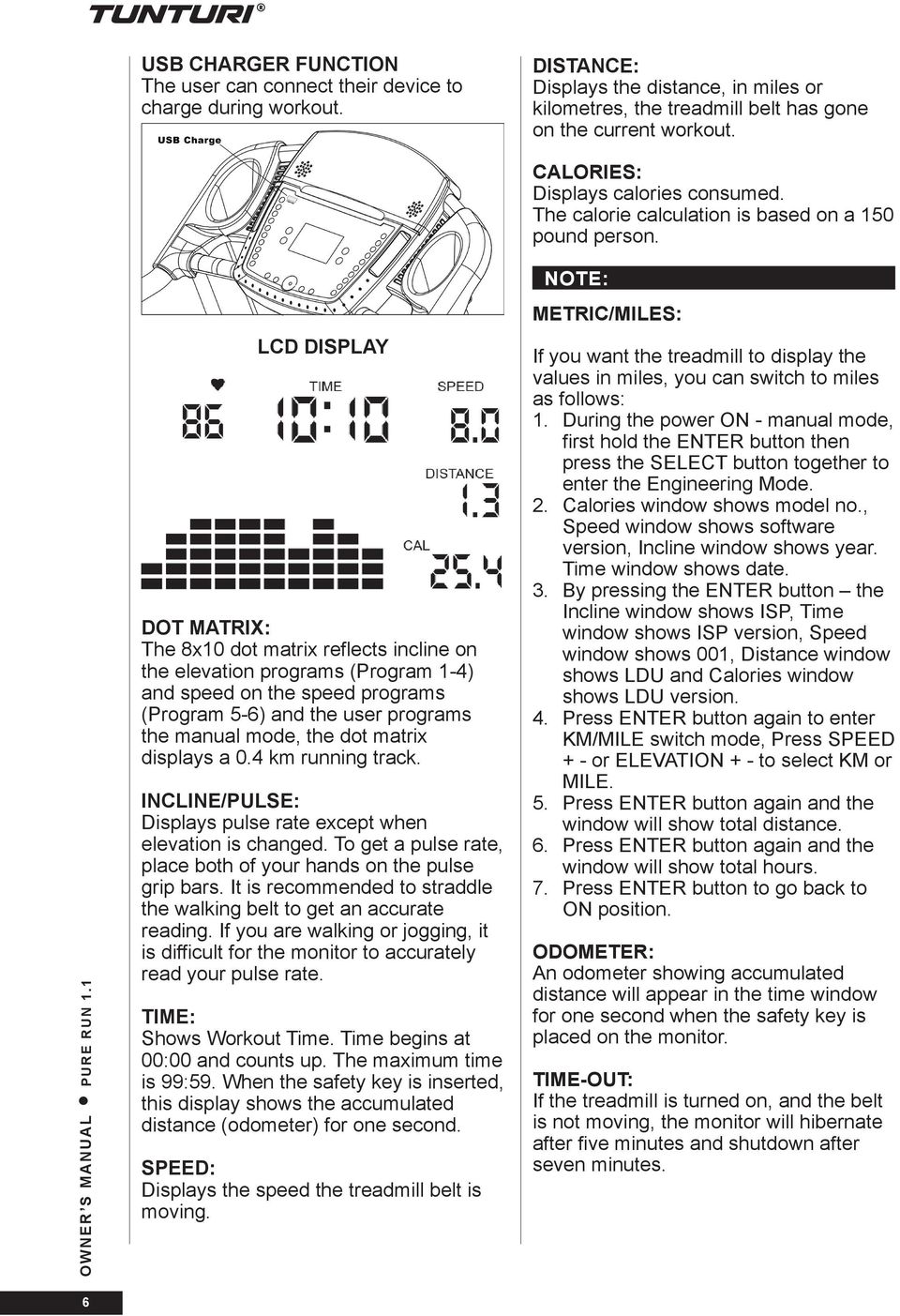 1 OWNER S MANUAL LCD DISPLAY DOT MATRIX: The 8x10 dot matrix reflects incline on the elevation programs (Program 1-4) and speed on the speed programs (Program 5-6) and the user programs the manual