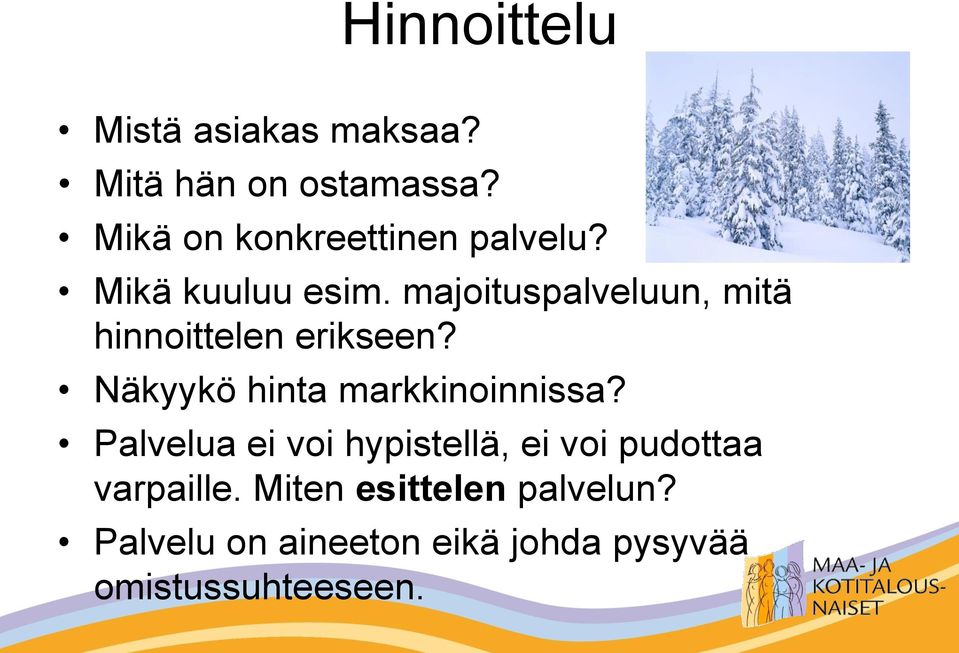 majoituspalveluun, mitä hinnoittelen erikseen? Näkyykö hinta markkinoinnissa?