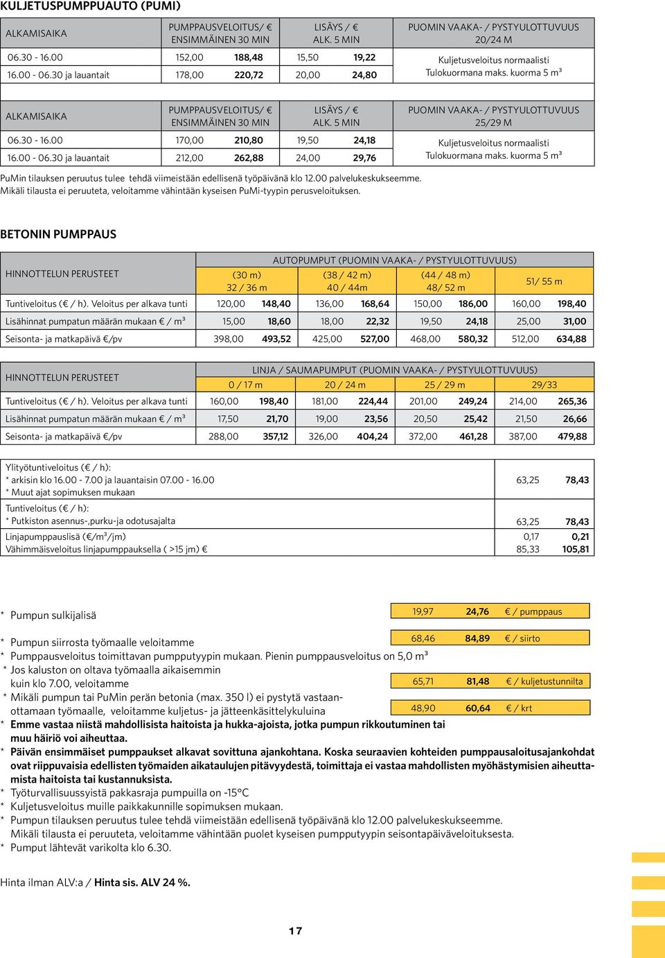 kuorma 5 m³ Alkamisaika Pumppausveloitus/ ensimmäinen 30 min lisäys / alk. 5 min Puomin vaaka- / pystyulottuvuus 25/29 m 06.30-16.00 170,00 210,80 19,50 24,18 Kuljetusveloitus normaalisti 16.00-06.