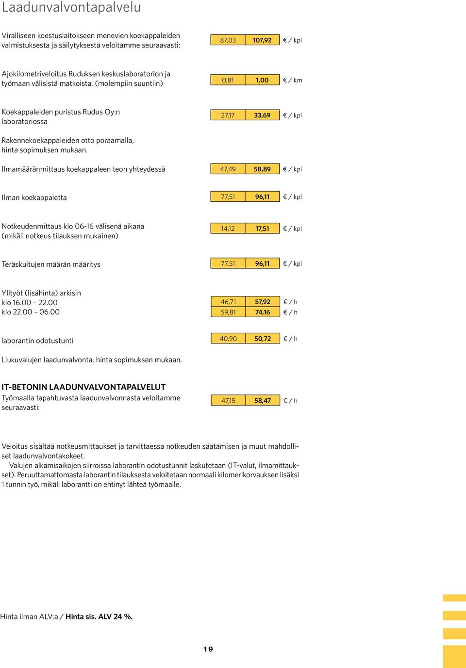 Ilmamääränmittaus koekappaleen teon yhteydessä 47,49 58,89 / kpl Ilman koekappaletta 77,51 96,11 / kpl Notkeudenmittaus klo 06-16 välisenä aikana (mikäli notkeus tilauksen mukainen) 14,12 17,51 / kpl