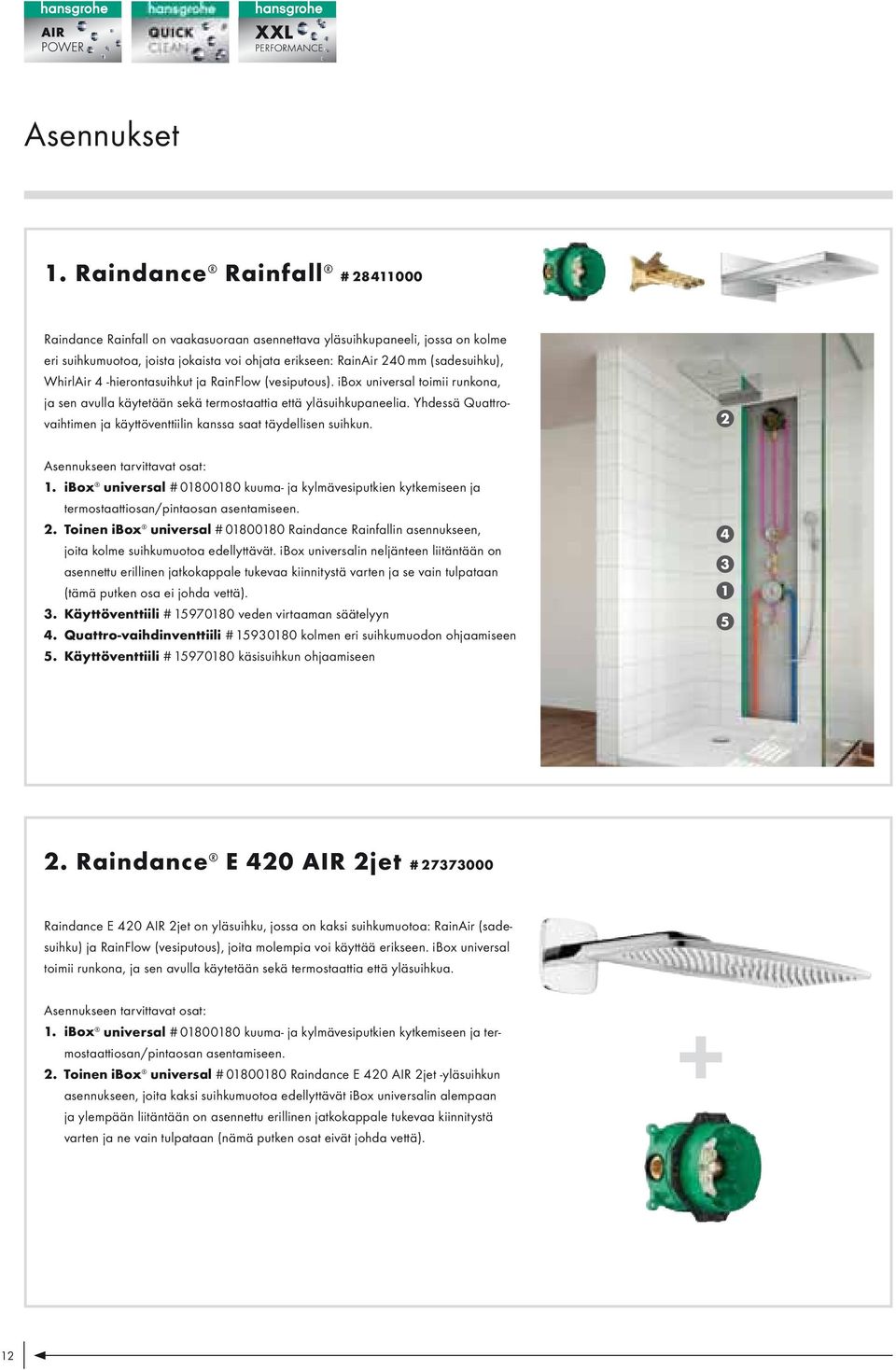 WhirlAir 4 -hierontasuihkut ja RainFlow (vesiputous). ibox universal toimii runkona, ja sen avulla käytetään sekä termostaattia että yläsuihkupaneelia.