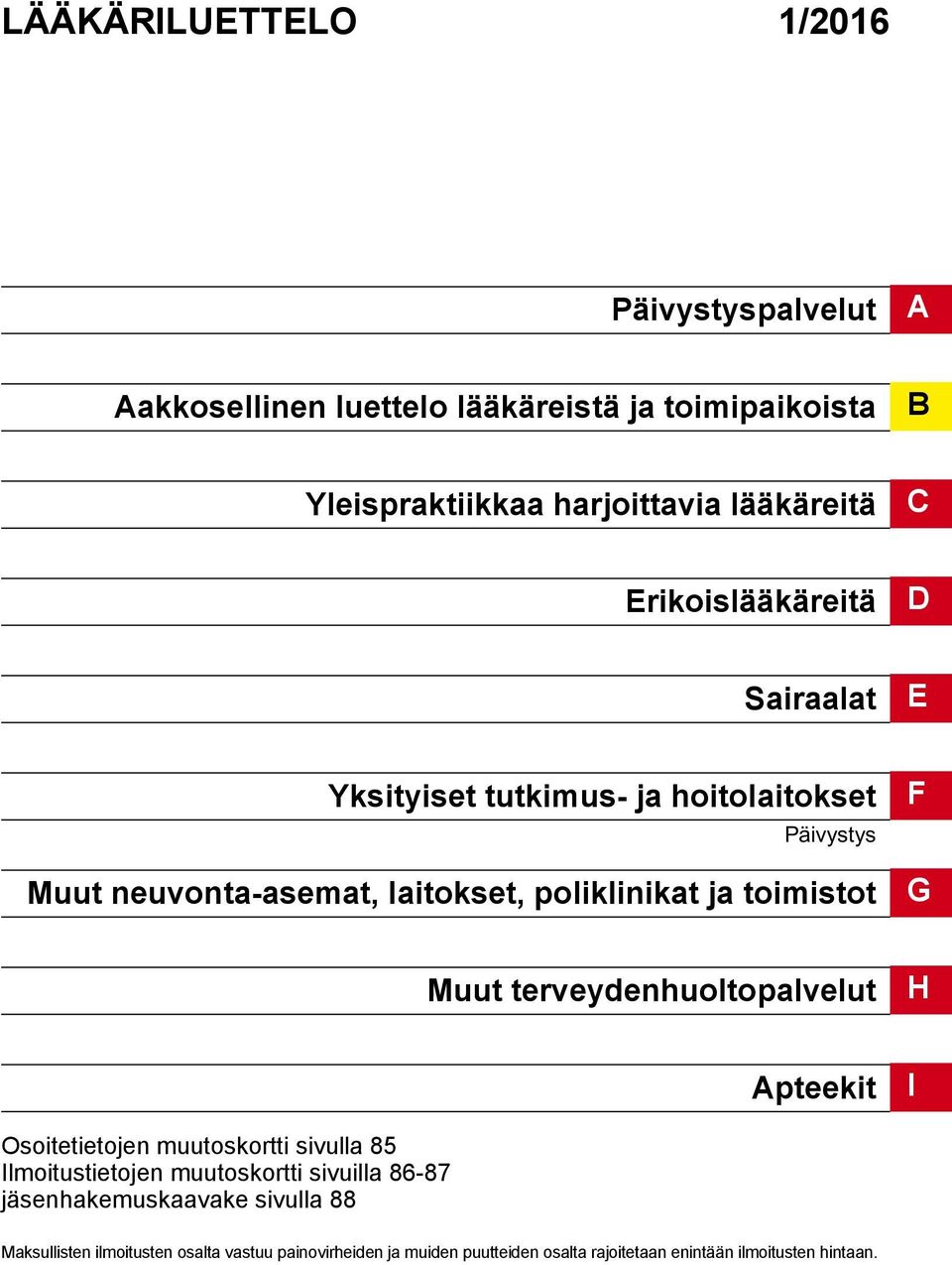 G Muut terveydenhuoltopalvelut H Apteekit I Osoitetietojen muutoskortti sivulla 85 Ilmoitustietojen muutoskortti sivuilla 86-87