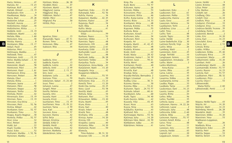 ..13, 17 Hekali, Pauli...45 Helenius, Petri...33 Heliövaara, Markku...1 Hellstedt, Timo...47 Helminen, Antti...13, 19 Helve, Markku Juhani...1, 34 Hemmi, Antti...42 Hemminki, Akseli.