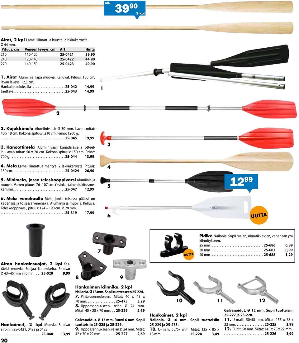 Lavan mitat: 40 x 18 cm. Kokonaispituus: 210 cm. Paino: 1200 g......................................... 25-045 19,99 3. Kanoottimela Alumiinivarsi kanadalaisella otteella. Lavan mitat: 50 x 20 cm.