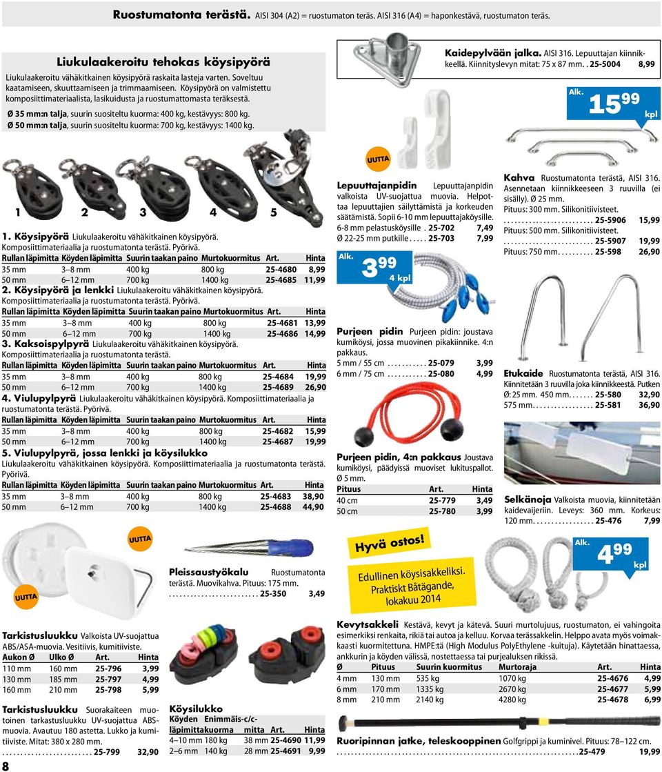 Köysipyörä on valmistettu komposiittimateriaalista, lasikuidusta ja ruostumattomasta teräksestä. Ø 35 mm:n talja, suurin suositeltu kuorma: 400 kg, kestävyys: 800 kg.