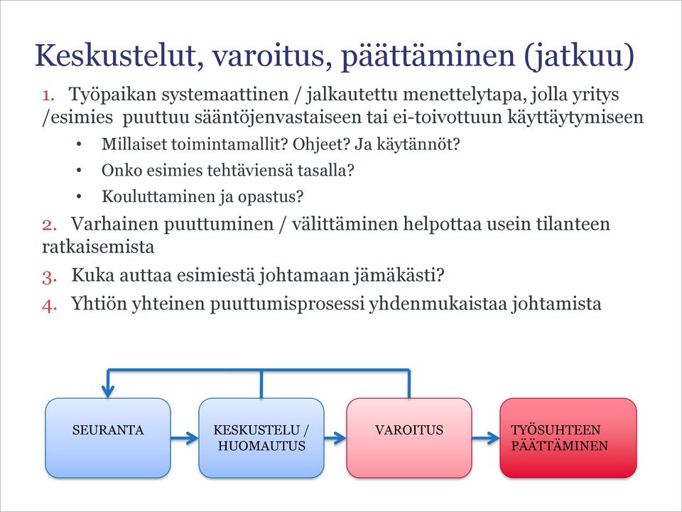 Millaiset toimintamallit? Ohjeet? Ja käytännöt? Onko esimies tehtäviensä tasalla? Kouluttaminen ja opastus? 2.