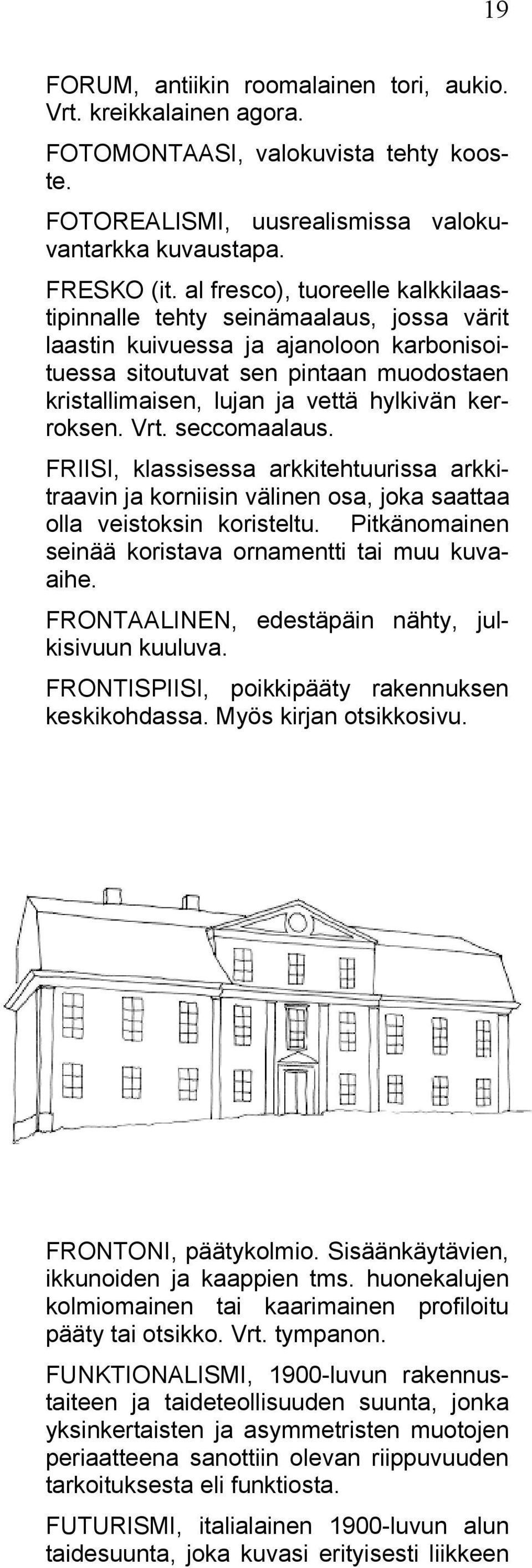 kerroksen. Vrt. seccomaalaus. FRIISI, klassisessa arkkitehtuurissa arkkitraavin ja korniisin välinen osa, joka saattaa olla veistoksin koristeltu.