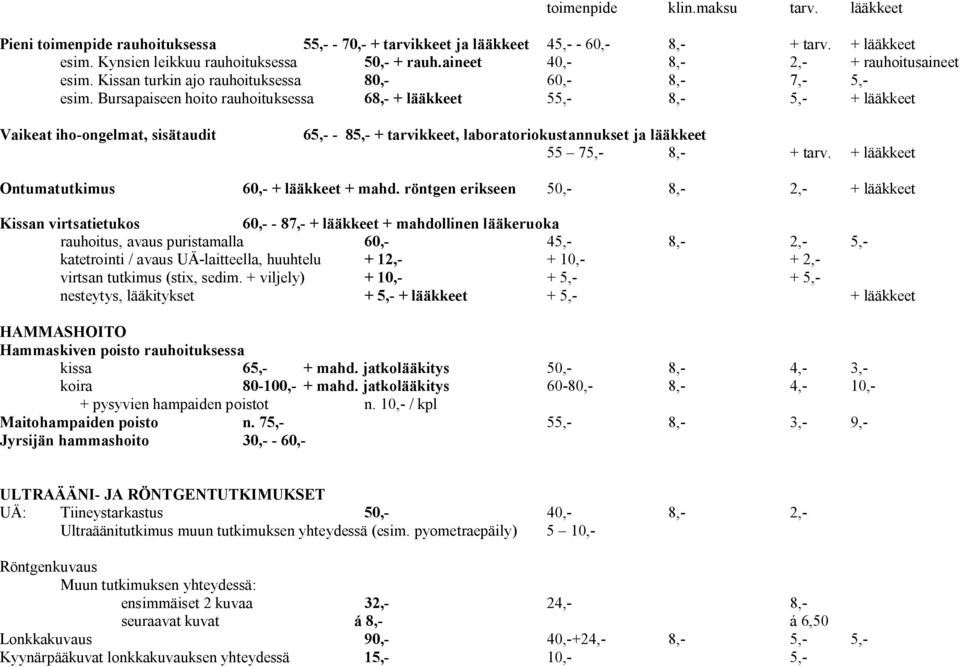 Bursapaiseen hoito rauhoituksessa 68, + lääkkeet 55, 8, 5, + lääkkeet Vaikeat iho ongelmat, sisätaudit 65, 85, + tarvikkeet, laboratoriokustannukset ja lääkkeet 55 75, 8, + tarv.