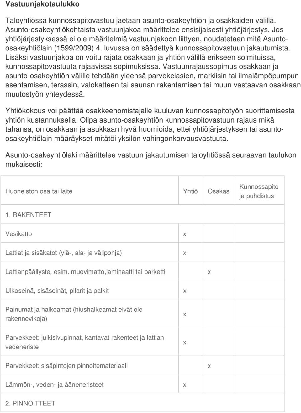 Lisäksi vastuunjakoa on voitu rajata osakkaan ja yhtiön välillä erikseen solmituissa, kunnossapitovastuuta rajaavissa sopimuksissa.