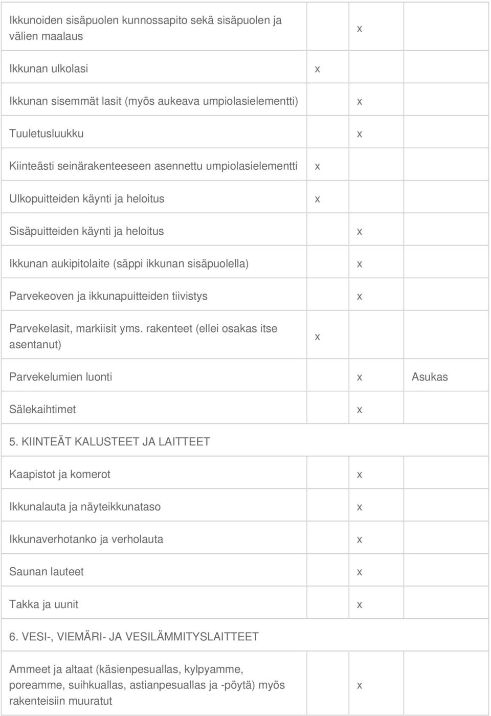 markiisit yms. rakenteet (ellei osakas itse asentanut) Parvekelumien luonti Asukas Sälekaihtimet 5.