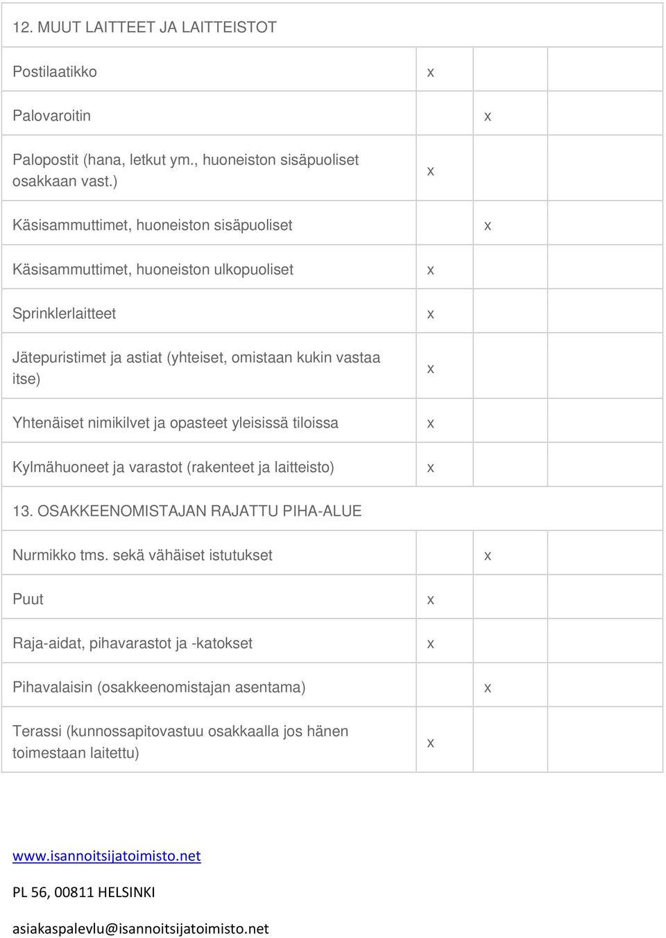 nimikilvet ja opasteet yleisissä tiloissa Kylmähuoneet ja varastot (rakenteet ja laitteisto) 13. OSAKKEENOMISTAJAN RAJATTU PIHA-ALUE Nurmikko tms.