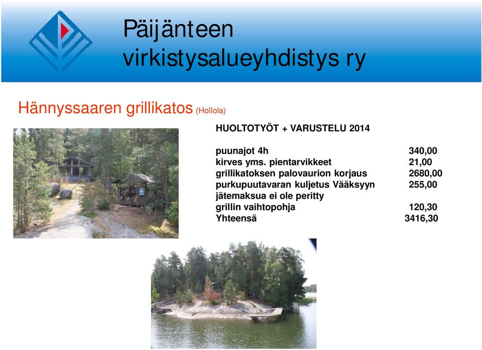 pientarvikkeet 21,00 grillikatoksen palovaurion korjaus 2680,00