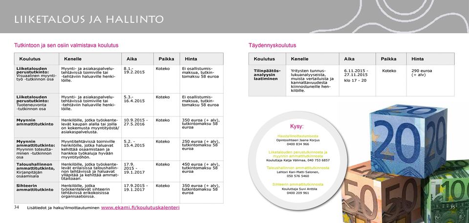 2015 Koteko Ei osallistumismaksua, Tilinpäätösanalyysin laatiminen Yritysten tunnuslukuanalyyseista, muista vertailuista ja kannattavuudesta kiinnostuneille henkilöille. 6.11.