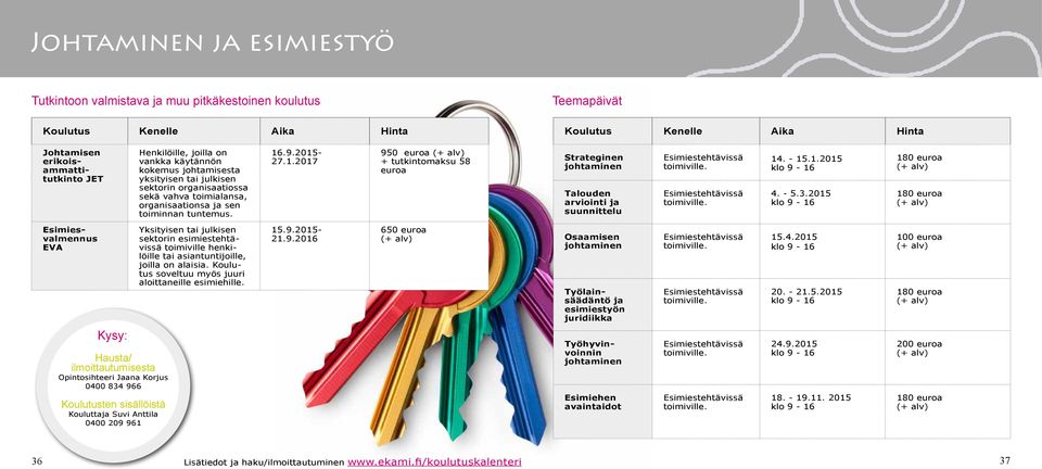 .9.2015-27.1.2017 950 euroa + 58 euroa Strateginen johtaminen Talouden arviointi ja suunnittelu Esimiestehtävissä toimiville. Esimiestehtävissä toimiville. 14. - 15.1.2015 klo 9-16 4. - 5.3.