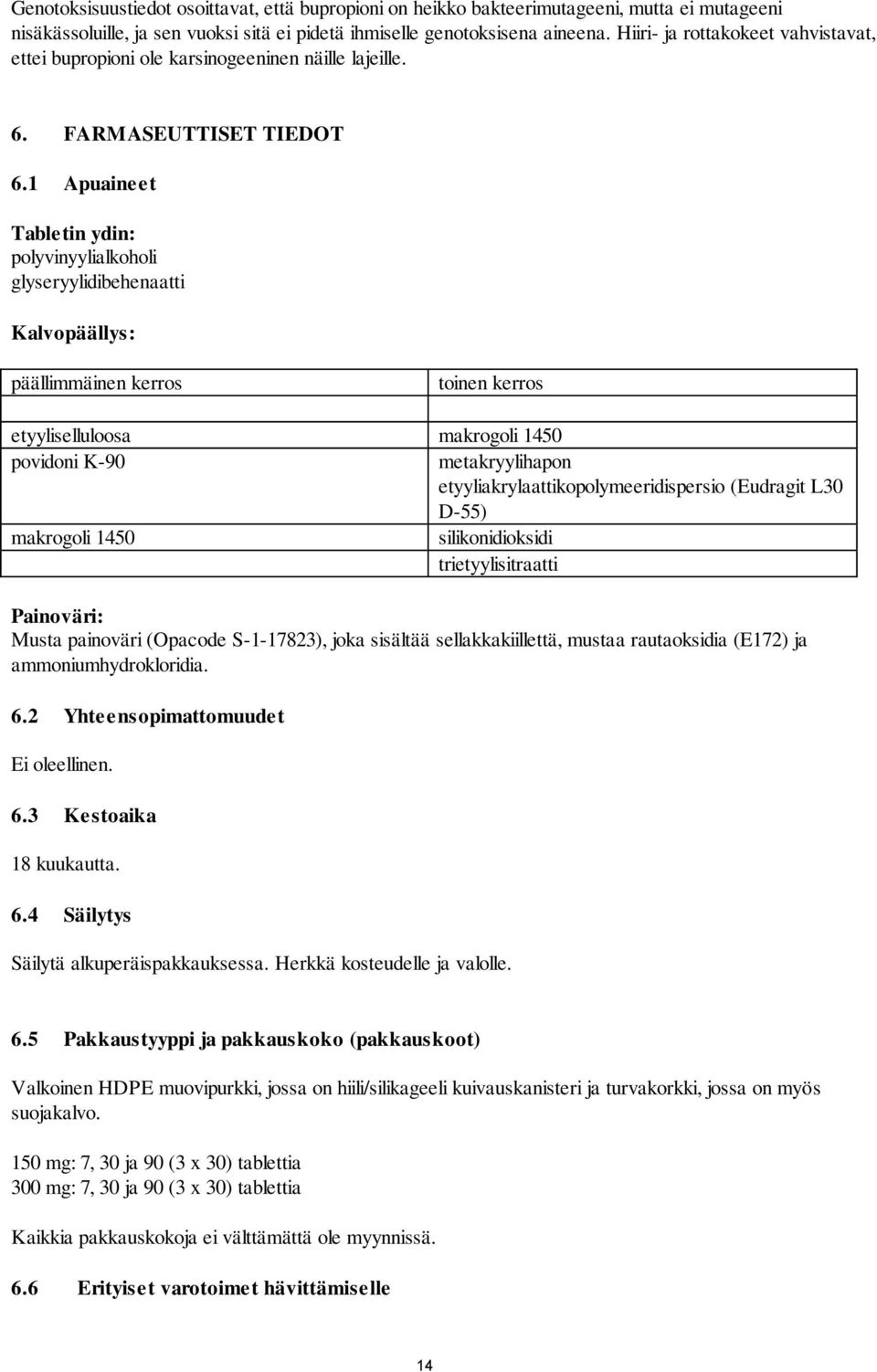 1 Apuaineet Tabletin ydin: polyvinyylialkoholi glyseryylidibehenaatti Kalvopäällys: päällimmäinen kerros toinen kerros etyyliselluloosa makrogoli 1450 povidoni K-90 metakryylihapon