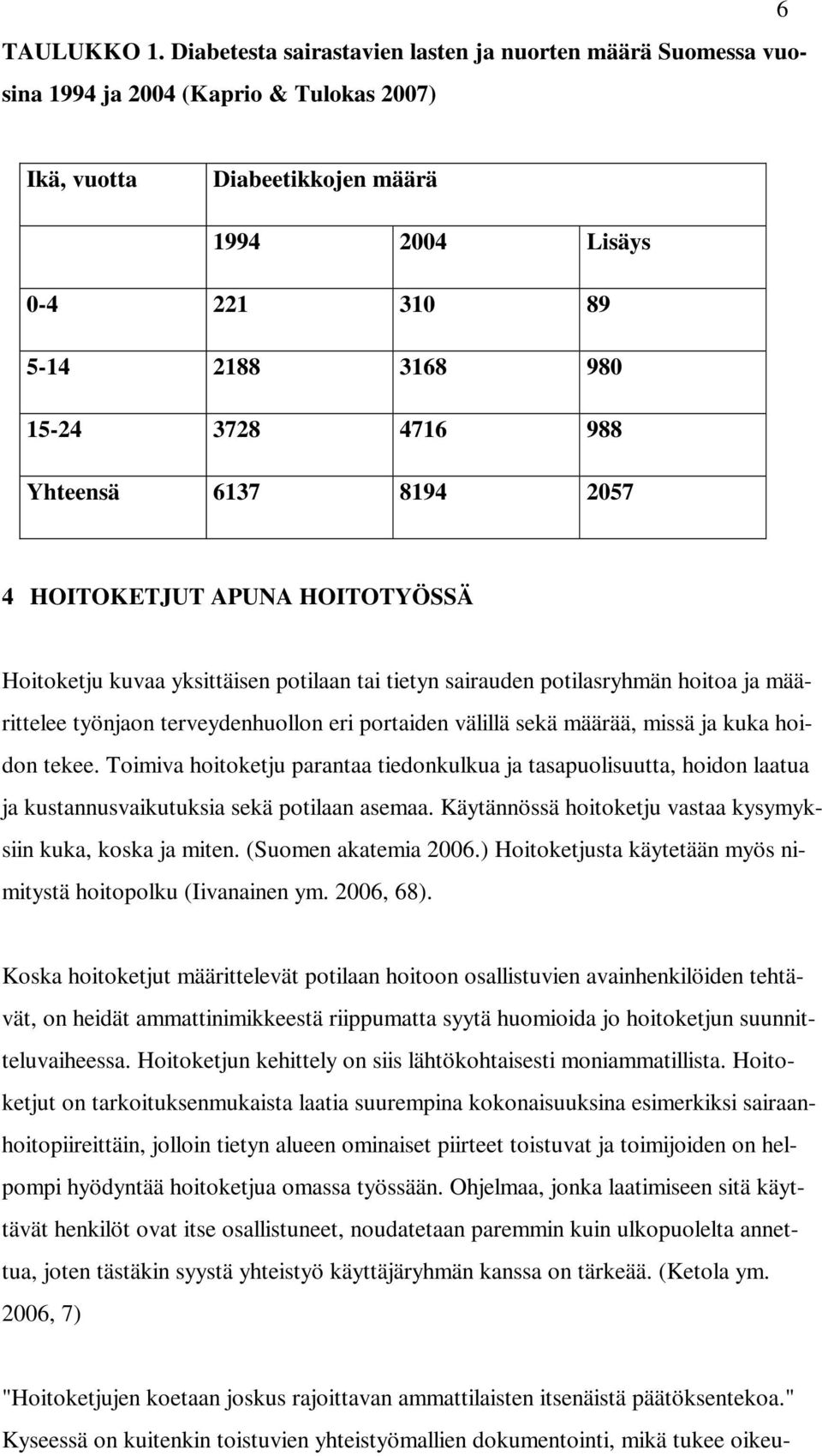 4716 988 Yhteensä 6137 8194 2057 4 HOITOKETJUT APUNA HOITOTYÖSSÄ Hoitoketju kuvaa yksittäisen potilaan tai tietyn sairauden potilasryhmän hoitoa ja määrittelee työnjaon terveydenhuollon eri portaiden