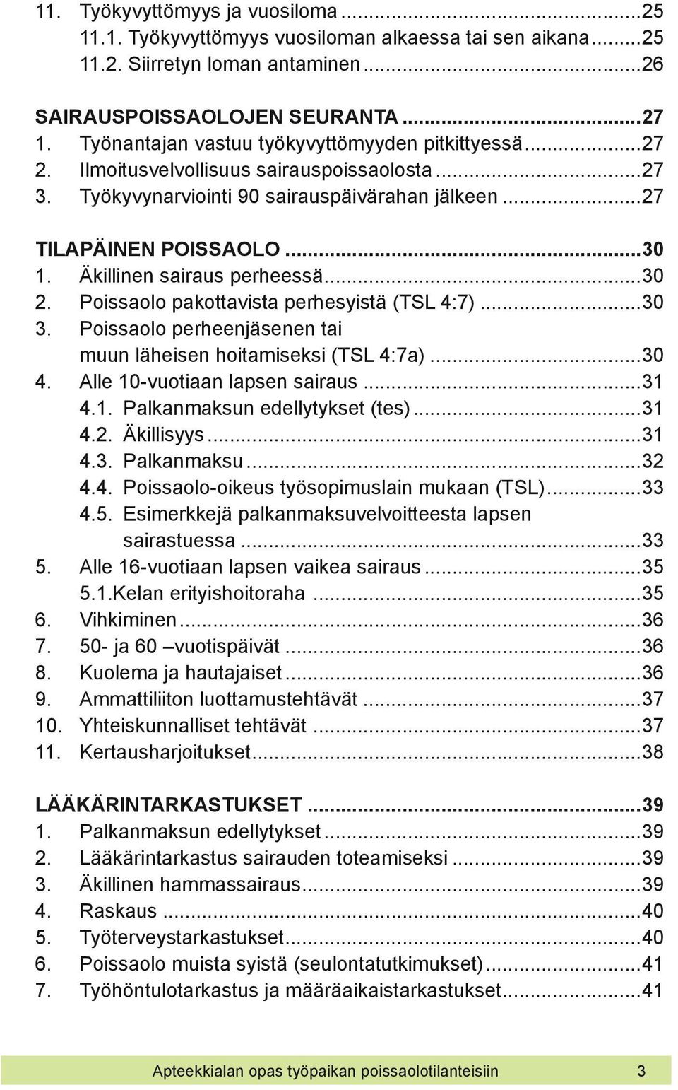 Äkillinen sairaus perheessä...30 2. Poissaolo pakottavista perhesyistä (TSL 4:7)...30 3. Poissaolo perheenjäsenen tai muun läheisen hoitamiseksi (TSL 4:7a)...30 4. Alle 10-vuotiaan lapsen sairaus.