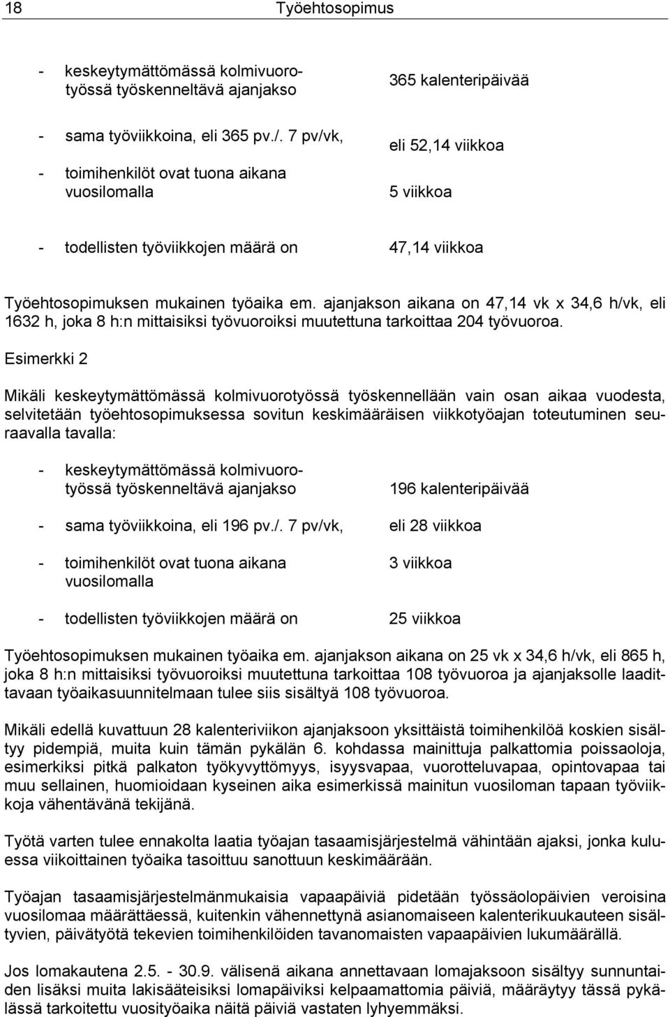 ajanjakson aikana on 47,14 vk x 34,6 h/vk, eli 1632 h, joka 8 h:n mittaisiksi työvuoroiksi muutettuna tarkoittaa 204 työvuoroa.