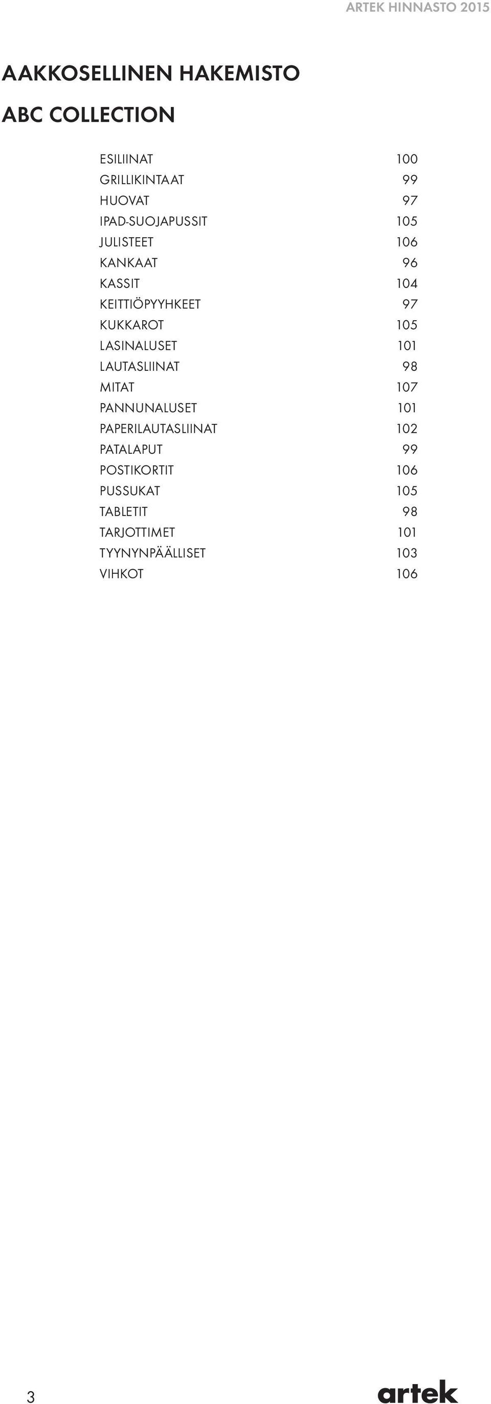 KUKKAROT 105 LASINALUSET 101 LAUTASLIINAT 98 MITAT 107 PANNUNALUSET 101 PAPERILAUTASLIINAT