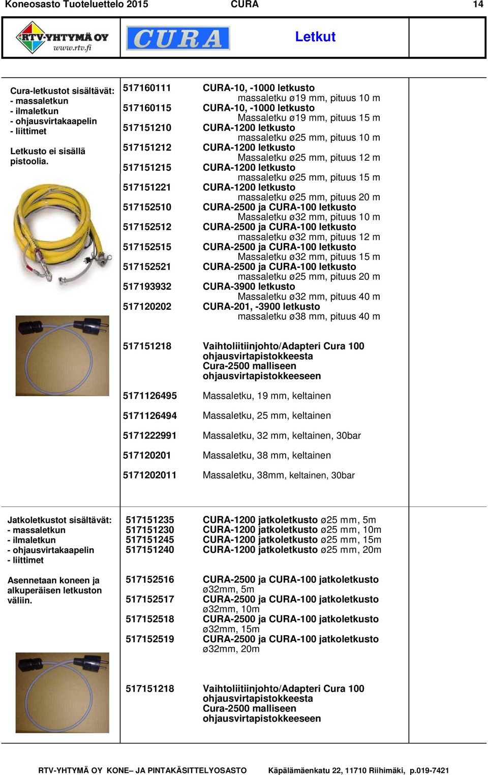 Massaletku ø19 mm, pituus 15 m CURA-1200 letkusto massaletku ø25 mm, pituus 10 m CURA-1200 letkusto Massaletku ø25 mm, pituus 12 m CURA-1200 letkusto massaletku ø25 mm, pituus 15 m CURA-1200 letkusto