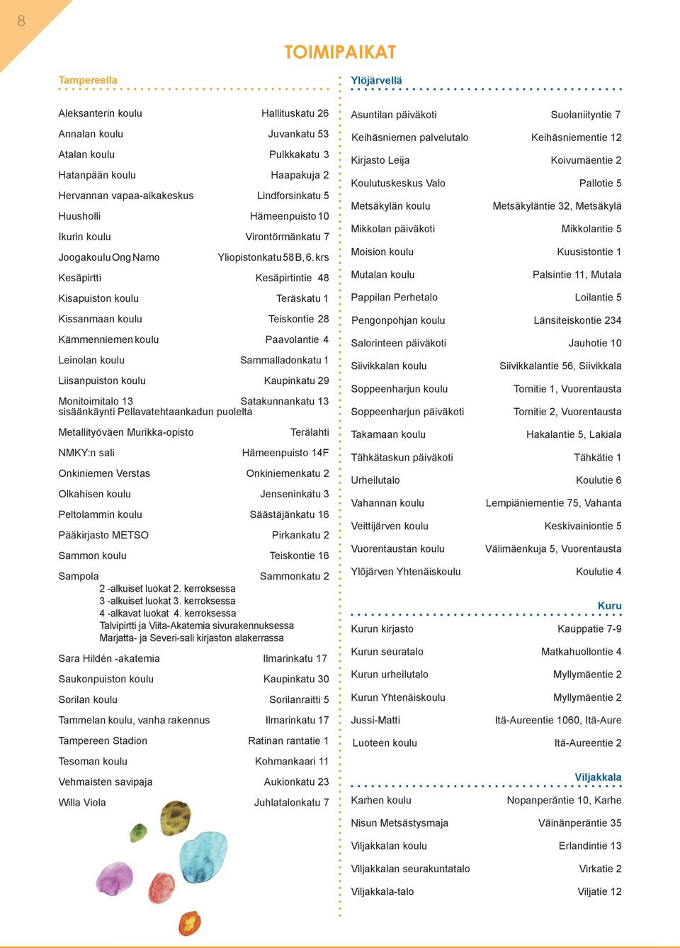 krs Kesäpirtti Kesäpirtintie 48 Kisapuiston koulu Teräskatu 1 Kissanmaan koulu Teiskontie 28 Kämmenniemen koulu Paavolantie 4 Leinolan koulu Sammalladonkatu 1 Liisanpuiston koulu Kaupinkatu 29