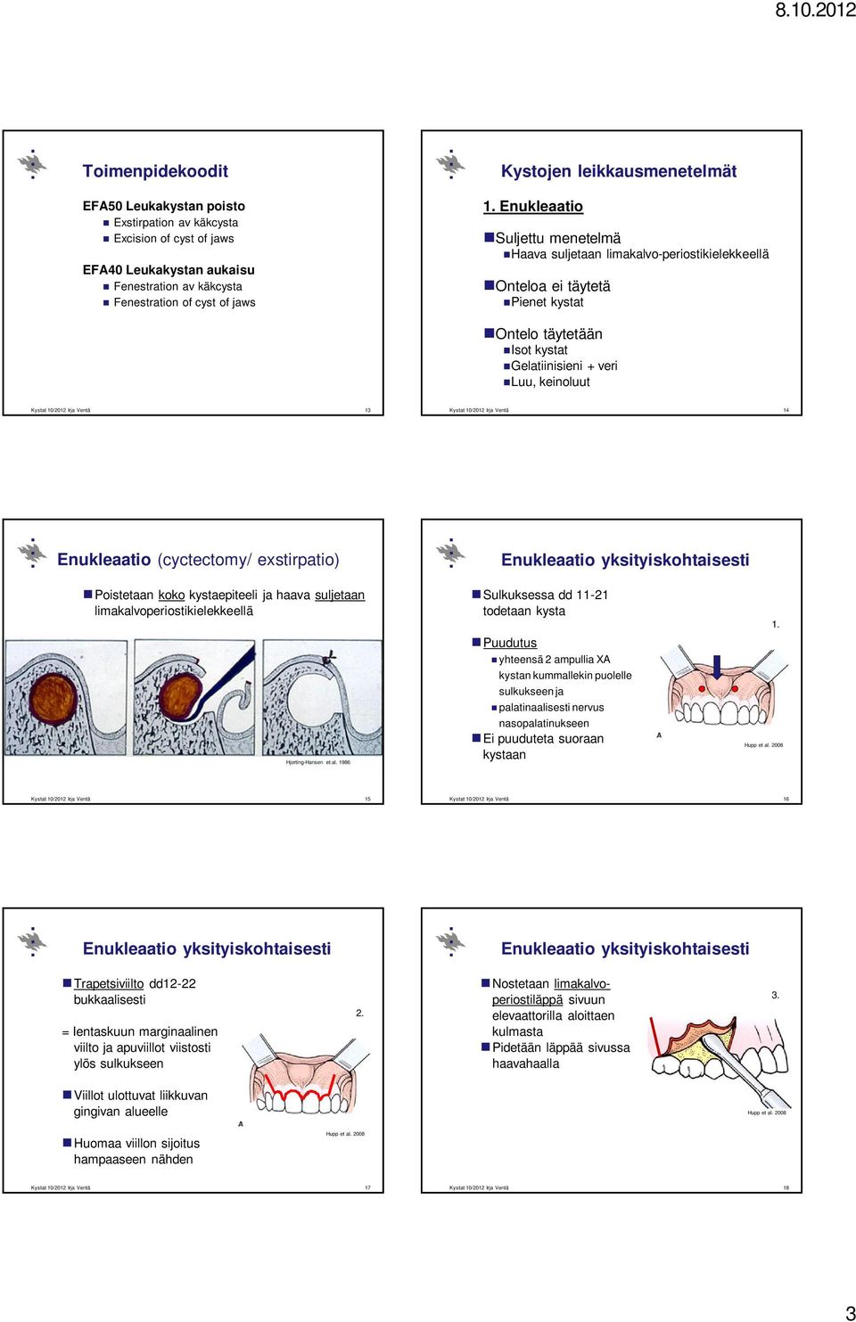 (cyctectomy/ exstirpatio) Poistetaan koko kystaepiteeli ja haava suljetaan limakalvoperiostikielekkeellä Hjorting-Hansen et al.