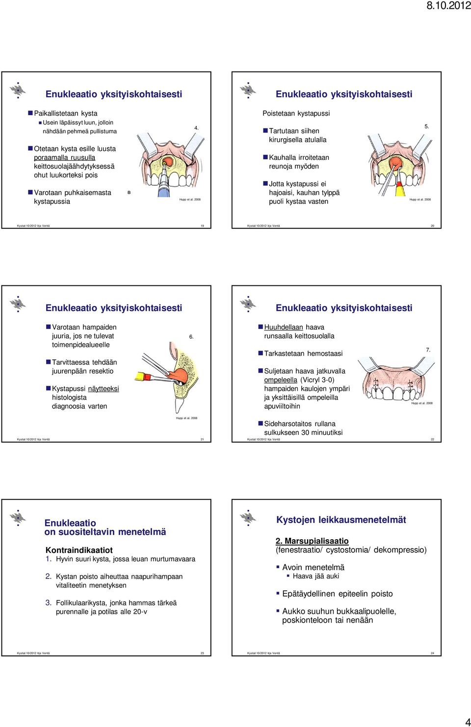 19 20 Varotaan hampaiden juuria, jos ne tulevat toimenpidealueelle Tarvittaessa tehdään juurenpään resektio Kystapussi näytteeksi histologista diagnoosia varten 6.