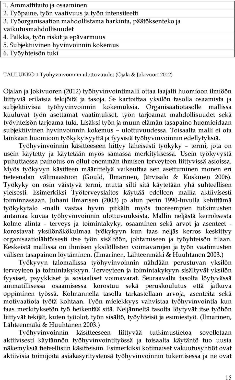 Työyhteisön tuki TAULUKKO 1 Työhyvinvoinnin ulottuvuudet (Ojala & Jokivuori 2012) Ojalan ja Jokivuoren (2012) työhyvinvointimalli ottaa laajalti huomioon ilmiöön liittyviä erilaisia tekijöitä ja